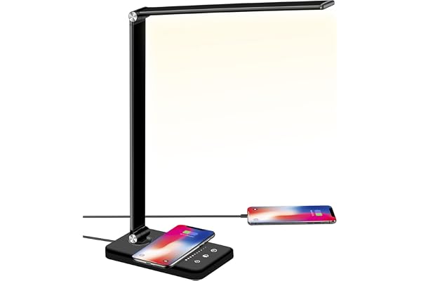 BIENSER Lampe de Bureau LED, 10W Chargeur Induction & USB, 10 Luminosités × 5 Couleurs, Lampe de Table Dimmerable, Protection des Yeux, Contrôle Tactile, Fonction Mémoire, 30/60min Minuterie Auto, 20W
