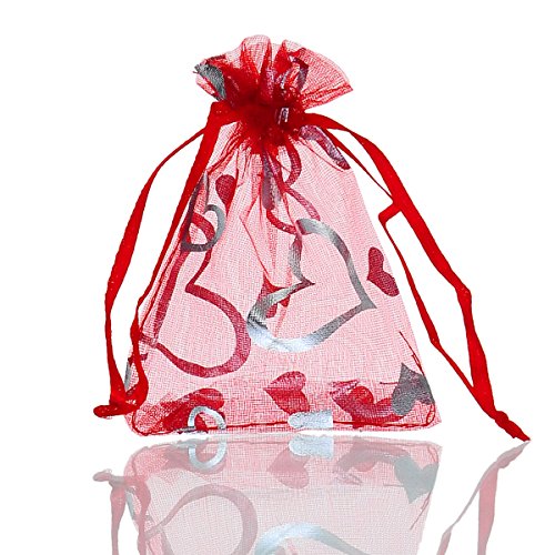 Housweety Organzasaeckchen Geschenkbeutel Beutelchen Hochzeit Beutel Samtbeutel Tasche Herz Rot+Silber, 7cm x9cm