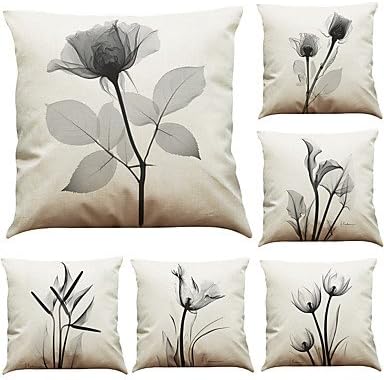 Set of 6 Gray Flowers Pattern Linen Pillowcase Sofa Home Decor Cushion Cover Throw Pillow Case (18*18inch)