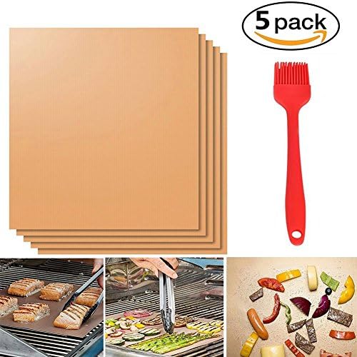 DELIPOP BBQ Grill Mat, 16"x13" Non-stick Heat-resistant Non-toxic with Brush BBQ Grills Set Pack of 5 (Coppery)