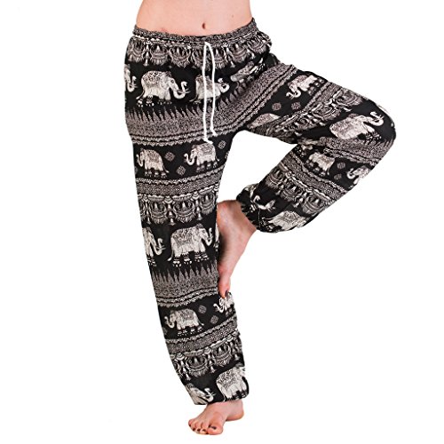 Panasiam - Pantaloni estivi stile Aladdin, in fine viscosa naturale, si adatta alla taglia S e M, in tante varianti di colore, con 2 tasche nero Taglia unica 