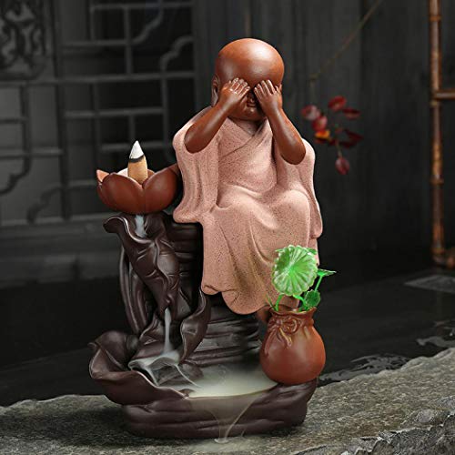 Backflow Incense Burner, Incense Cone Burner Ceramic Backflow Incense Holder Incense Stick Holder Office Home Decoration Handicraft Gift with 10 Free Cones Sitting Monk (1)