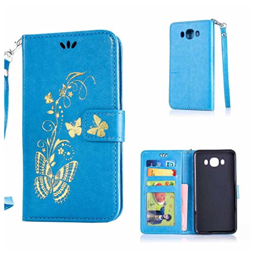 Galaxy J7 2016 Hülle Ledertasche [mit Frei Hartglas Displayschutzfolie], KKEIKO® Schutzhülle PU Leder Tasche Hülle Case für Samsung Galaxy J7 2016, Wickelfalz Handyhülle mit Bändselloch Standfunktion Karteneinschub und Magnetverschluss, Kratzfeste Lederhülle Flip Wallet (Blau #7)