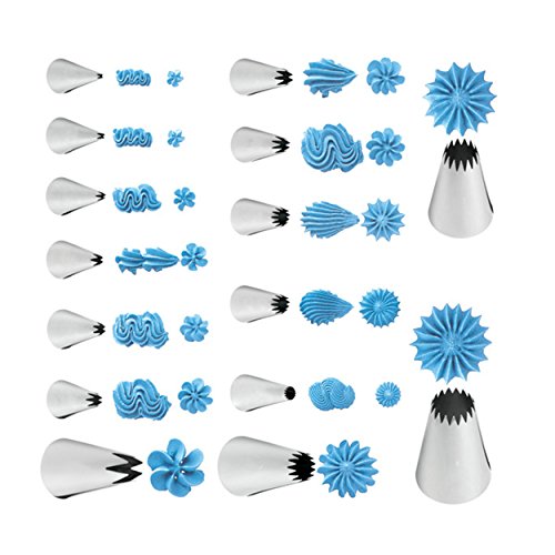 38 Spritztüllen Set Rainbrace, ink. 32 Stücke Garniertülle, 2 Spritzbeutel, 2 Blumennägeln und 2 Kunststoff Kupplungen für Gebäck, Keksen, Kuchen und Torten Deko - 4