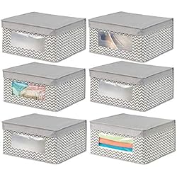 mDesign boite de rangement empilable en tissu pour habits, etc. (lot de 6) - bac de rangement moyen à fenêtre & couvercle - panier de rangement à motif zigzag pour chambre - couleur nature/taupe