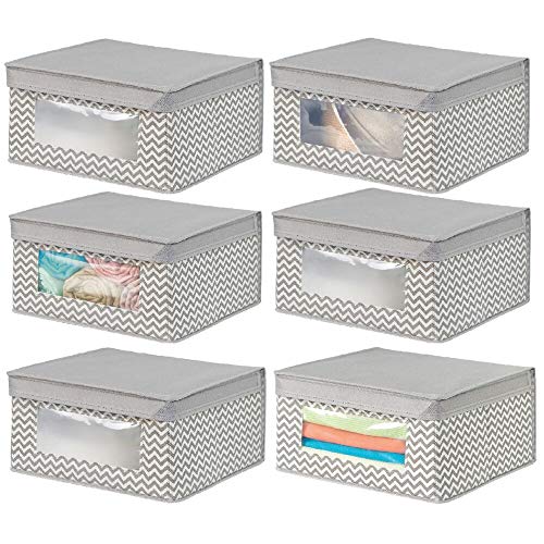 mDesign boite de rangement empilable en tissu pour habits, etc. (lot de 6) - bac de rangement moyen à fenêtre & couvercle - panier de rangement à motif zigzag pour chambre - couleur nature/taupe