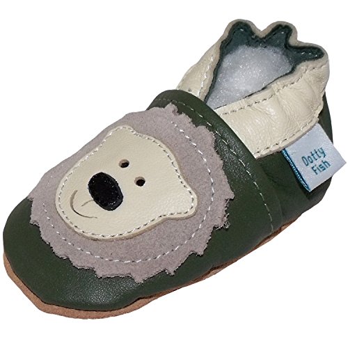 Soft Leather Baby boy Shoes with Suede Soles by Dotty Fish Olive Green Bear design - 6-12 months
