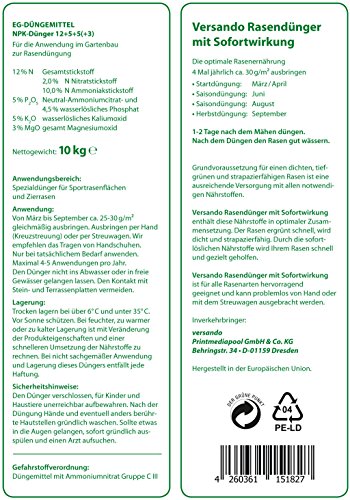 Ab nur 1,19 € / Kg – Versando Rasendünger 10 Kg für ca. 300m² sattgrünen Rasen – ohne Moos und Unkraut, NPK-Dünger mit Sofortwirkung - 4