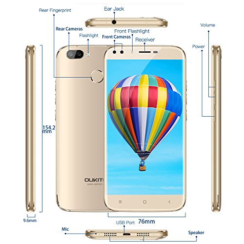 Handy ohne Vertrag, Oukitel U22 5.5 Zoll Smartphone (GroÃŸe Batterie 2700mAh, Android 7.0, 2GB +16GB Interner Speicher, 13MP + 8MP) Handy mit 2 Simkarten GPS Bluetooth WIFI-Gold