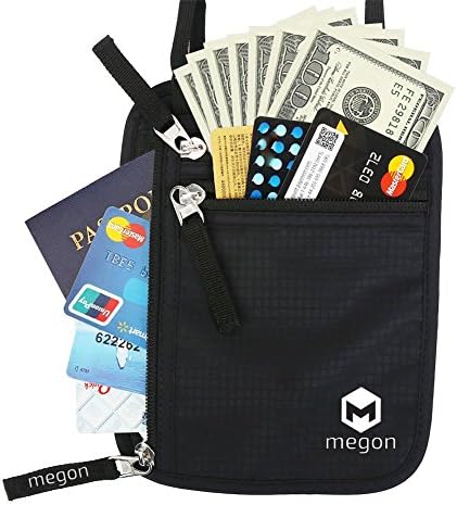 MEGON Travel Neck Wallet with built-in RFID Blocking, Adjustable Strap - Documents Organiser, Money Wallet, Passport and Credit Card Holder with Hidden Security Pouch for Men and Women, Black