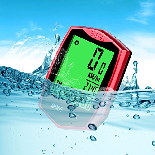 Vegbirt Fahrradcomputer, Drahtloser Fahrradcomputer, Kilometerzähler, automatische Wake-up Große Hintergrundbeleuchtung LCD Display (Rot) - 2