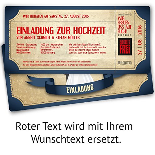 Einladungskarten zur Hochzeit (20 Stück) als Eintrittskarte im Vintage Ticket Look Hochzeitskarten in Blau - 3