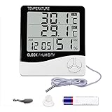 Monitor de humedad de temperatura interior y exterior: pantalla grande con dígitos enormes muestra los porcentajes actuales de temperatura y humedad en interiores y exteriores.
