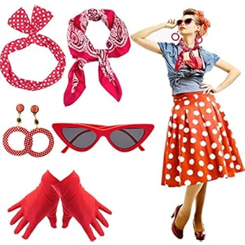 Set Accessori Anni 50 Donna - 7 Pezzi Costume Vintage Con Gonna A Pois, Fascia, Sciarpa E Orecchini Per Feste - Foto 12