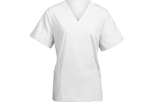 AUYAO Donna Divisa Sanitaria Camice, Medici Casacca Donna Lavoro Camice, Medici Donna Divisa a Manica CortaTop Scollo V, con Tasche, Corte Uniformi Abbigliamento Lavoro per Infermiere Estiva, Bianco