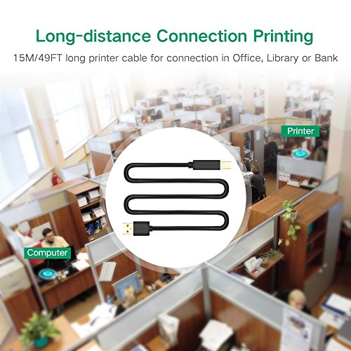 UGREEN Druckerkabel 15m Drucker Anschlusskabel Aktiv Scannerkabel USB Kabel A/B USB 2.0 Stecker A auf Stecker B für HP, Canon, Lexmark, Epson, Dell/Vergoldete Kontakte - 2