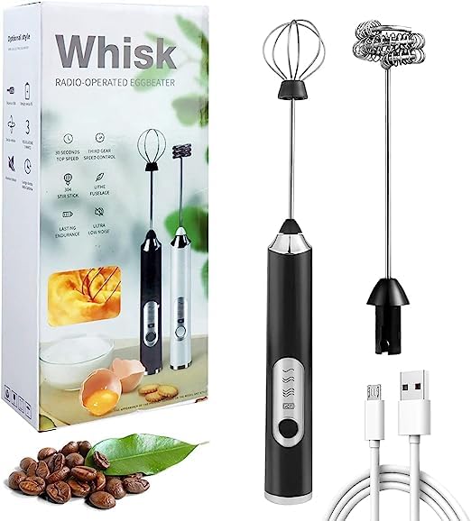 Zuvexa Rechargeable Handheld Milk Frother - 3-Speed Electric Foam Maker for Coffee with 2 Whisks and Coffee Decoration Tool, 