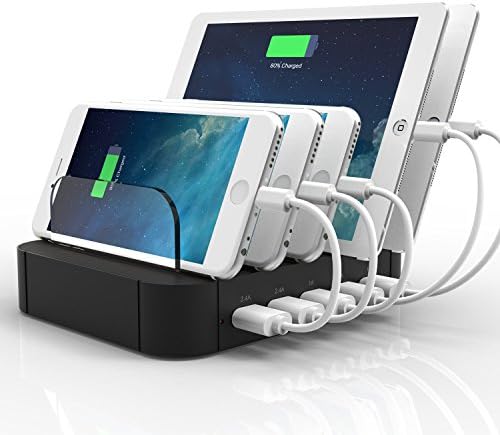 Charging Station,Firstbuy 30W/6A Detachable Multi 5-Port USB Charging Dock,Multi-Function USB Charging Stand,Cable Organizer for iPhone 7 iPad Pro Samsung Galaxy LG Tablet PC and more , Cables not Include (Black)