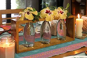 Les Works Glass Bottle Flower Planter with Wooden Stand | Teakwood vase with 3 Glass Bottle Terrarium | Tabletop for Gift, Indoor Home and Garden D