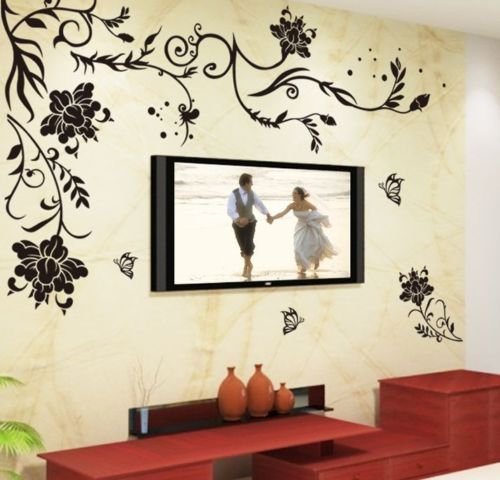 HALLOBO® XXL Wandtattoo Blumenranke Schwarz Rebe Wandaufkleber Schmetterlinge Wandsticker Wall Sticker Wohnzimmer Schlafzimmer Deko Versand aus Deutschland - 2