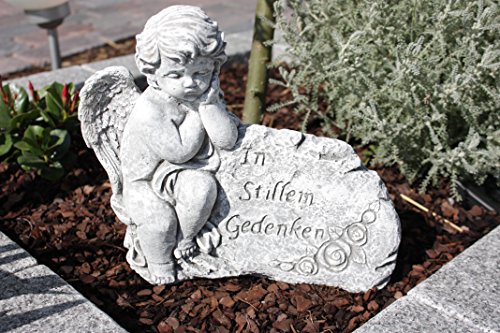 Grabschmuck Engel am Fels mit Inschrift, massiver Steinguss, frostfest
