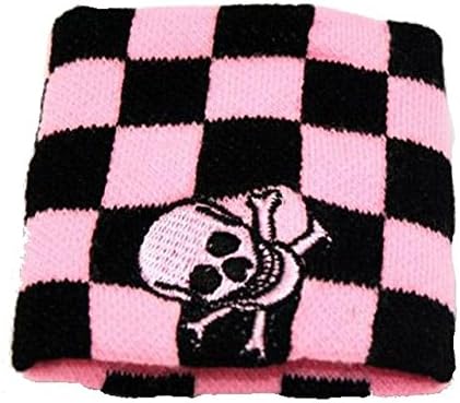 1 Pair Black and Flo Pink Checked Wristcuffs with Skull and Crossbones Design