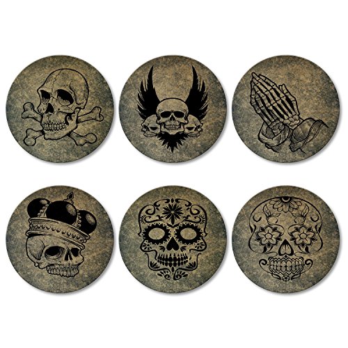 Addies Glas-Untersetzer 6-tlg. Set „Totenkopf“ in hochwertiger Klarsicht-Geschenkbox und Korkrückseite, rund, 6 Motive - 2