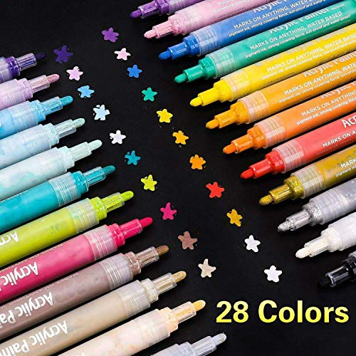 SUPERSUN Marqueurs Peinture Acrylique, 28 Stylos de Peinture Acrylique pour Bois, DIY, Dessin, Tissu, Verre, Carte de Noël