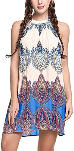 Bringbring Womens Sleeveless Halterneck Boho Mini Dress