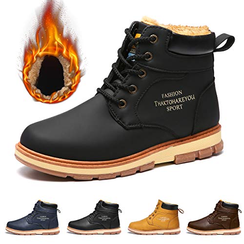 gracosy Mens Snow Boots Winter Warm Fur Lined Martin Boots Fashion Antiskid Lace Up Chukka Flat Boots Shoes Comfy Casual Sneaker Trekking Walking Combat Boots Suede Leather Shoes Size Black Blue Brown