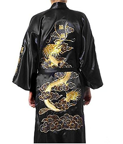 SCHWARZE Herren Nachtbekleidung Japanisch Dragon Bestickt Nachthemd Traditionell Nachtwäsche Kimono Einheitsgröße Senior mit Golden Stickerei Takashi Japan Ideales Geschenk für alle Anlässe