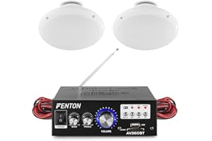 eAudio Bluetooth Ceiling Speaker System with Waterproof 5" Speakers, Stereo Amplifier with FM Radio, MP3 USB & Wireless Audio Streaming – Home, Kitchen, Bathroom & Cafe Installation Kit (Pair)