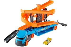 Hot Wheels City Ascenseur et Lanceur Camion Transporteur pour contenir jusqu’à 20 petites voitures, 1 véhicule inclus, jouet pour enfant, GNM62