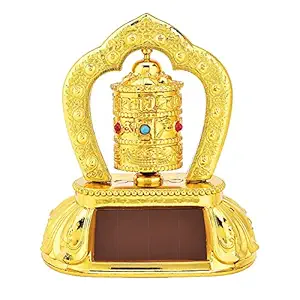 GameZone ABS Tibetan Buddhist Idol Feng Shui Solar Energy Spinning Prayer Wheel Car Dashboard Accessories for Car Interior & Home Decoration, Good Luck and Fortune (Golden, 1 Piece, 12x9.5x6.5 cm)