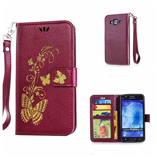 Galaxy J5 2015 Hülle Ledertasche [mit Frei Hartglas Displayschutzfolie], KKEIKO® Schutzhülle PU Leder Tasche Hülle Case für Samsung Galaxy J5 2015, Wickelfalz Handyhülle mit Bändselloch Standfunktion Karteneinschub und Magnetverschluss, Kratzfeste Lederhülle Flip Wallet (Schmetterling #5)
