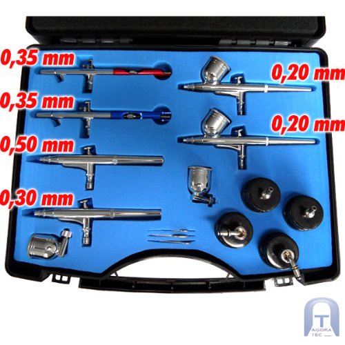 Agora-Tec® Airbrush Pistolen Set AT-AS-01 – 15 tlg. Airbrush-Pistolen-Set mit 6 Pistolen in 4 verschieden Düsengrößen - 3
