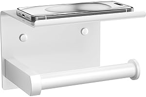Tindbea Toilet Paper Holder with Phone Shelf, Adhesive or Screw Wall Mount Toilet Tissue Roll Holder, Rustproof & Multifunctional Stainless Steel Bathroom Storage Dispenser (White)