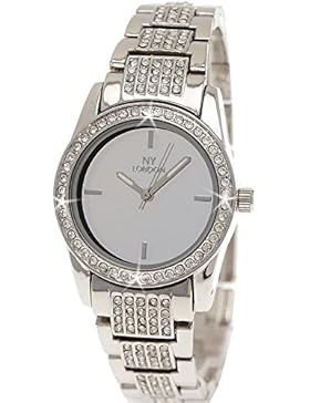 Elegante Ny London Damen-Uhr Strass Analog Quarz Armband-Uhr in Silber mit verspiegeltem Ziffernblatt