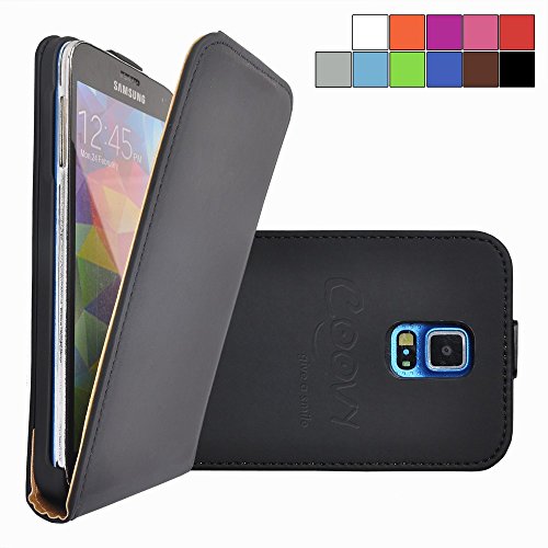 COOVY   Funda para Samsung Galaxy S5 SM-G900F SM-G901F Neo SM-G903F COVER CASE CUBIERTA DELGADO FUNDA PROTECTORA CON TAPA con l  mina protectora de pantalla   Color negro