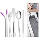 AckMond Outdoor Utensilios Cubiertos Cubiertos Set de Tenedor Potable de Acero Inoxidable, Cuchara, Cuchara para Té, Cuchillo, Palillo, Pajitas de Metal de Acero Inoxidable con Puntas de Silicona y Cepillo (Estuche azul)