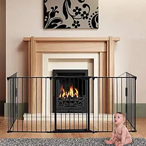 charaHOME 121 Inch Baby Gate Fireplace Fence Baby Safety Gate Adjustable 5-Panel Folding Metal Play Yard for Baby/Pet/Dog Christmas Tree Fence Pet Gates for doorways with Walk Through Door 30
