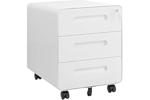 HOMSTEEL Rollcontainer, Mobiler Aktenschrank mit Schloss, Abgerundeten Ecken, 4 Schlüssel, 3 Schubladen, Druckertisch, Bereits Vormontiert, für Büro, Heimbüro, 46T x 40B x 50H cm, Weiß