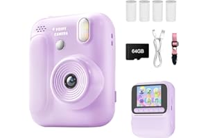 Kids Instant Print Camera, JiHiGe Digital Camera for Kids,2.4 inch HD Mini Screen with Printing Paper and 64GB Memory Card, 1080P Digital Resolution Children's Camera (Purple)