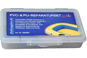 fishingglue.de PVC- & PU-Reparatur Set XXL, Plastik- Flickzeug (Vinyl, PVC, PU) Wasser-& UV-beständig für Schlauchboot Zelt Pool Gewebe Plane Markise Isomatte Luftmatratze bis 60°C wärmestabil
