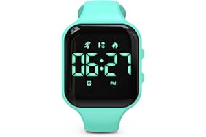 Focwony Kinder-LED-Fitness-Tracker-Uhr, Schrittzähleruhr Digitaluhr, Armbanduhr, Schrittzähler/Entfernung/Kalorien/Wecker, Tolles Geschenk für Kinder Teenager Mädchen Jungen (Grün-Quadrat)