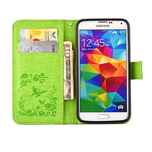 Samsung S5 Hülle,Cozy Hut® Schutzhülle für Samsung Galaxy S5 Leder Wallet Tasche Brieftasche PU Schutz Etui Schale,Intarsien Bling Kristall Glitzer Strass Diamant Prägung Schmetterling Muster Lederhülle im Bookstyle Handyhülle Tasche Wallet Case Handytasche Ständer Kredit Kartenfächer Flip Etui Tasche für Samsung Galaxy S5 – grün - 5