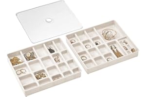 ‎MDESIGN mDesign Schmuckkasten im 3-teiligen Set – stapelbare Schmuckaufbewahrung mit Deckel – 2 Aufbewahrungsboxen mit vielen Fächern für Armbänder, Ketten und anderen Schmuck – cremefarben/durchsichtig