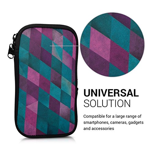 kwmobile Custodia in neoprene con zip per smartphone M - 5,5 - porta cellulare a sacchetto con cerniera - custodia verticale con Design mosaico multicolore fucsia menta