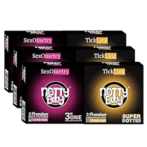 NOTTY BOY 3 In 1 Ribbed Contour Multitextured And Super Dotted 1500+Dots Condoms pack (3sx6, 18 sheets)