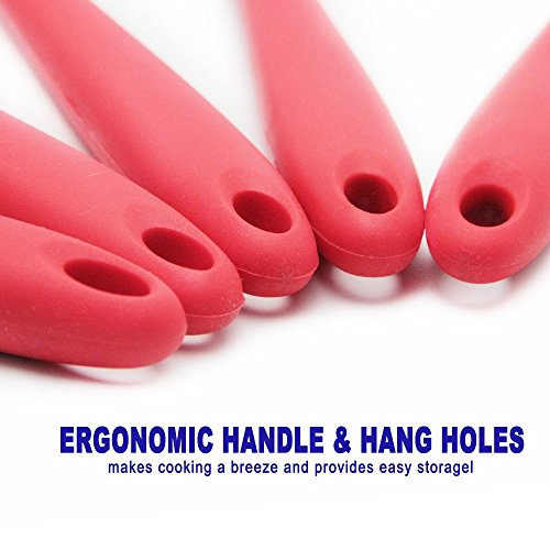 Silikon Küchenhelfer Set,Zilong Küchenzubehör,Löffel,Schöpfkelle,Pfannenwender,Spatel,Schaumlöffel hitzebeständig,Perfekt für Kochen,Braten,Suppen usw,mit Gesund,Preiswert und Praktisch,Rot,5Stk (BPA Frei) - 5